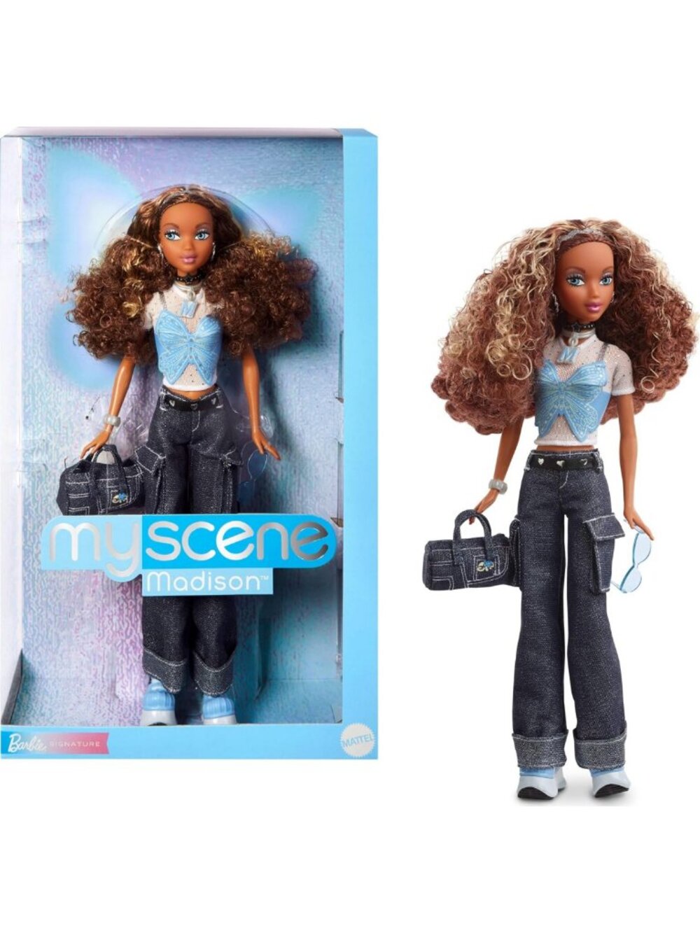 Y2K-Inspired Madison Doll with Butterfly Top, Cargo Jeans, Denim Bag & Stand